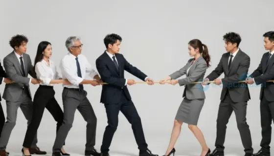 A dramatic scene showing a symbolic border being pulled by a diverse group of people representing security and political interests, with a clear visual metaphor of tension and negotiation, no text or numbers, realistic style