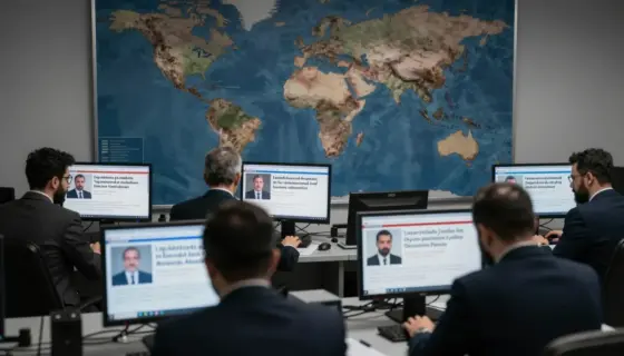 A dramatic newsroom scene with a large world map on the wall highlighting Syria and Turkey, journalists typing urgently at desks with screens showing breaking news headlines about liquidations in gas markets and negative developments from Damascus and Ankara, dim lighting with cool blue tones, sense of tension and urgency