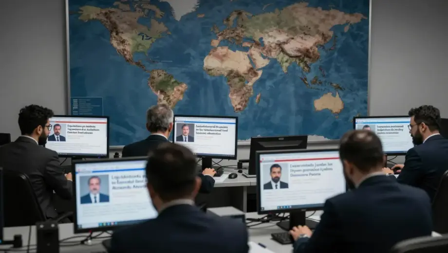 A dramatic newsroom scene with a large world map on the wall highlighting Syria and Turkey, journalists typing urgently at desks with screens showing breaking news headlines about liquidations in gas markets and negative developments from Damascus and Ankara, dim lighting with cool blue tones, sense of tension and urgency
