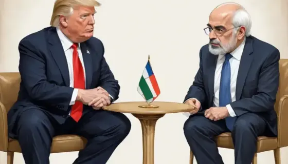A stylized illustration depicting a tense meeting between Donald Trump and an Iranian official. The scene should convey political intrigue and negotiation. Focus on their body language and facial expressions to suggest the high stakes of the discussion. Include subtle symbols representing both the US and Iran in the background, such as the American flag and the Iranian emblem, but keep them understated.