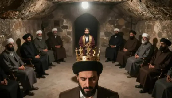 A secret operation to crown Moszad Ahmadinejad, featuring a hidden ceremonial scene in an underground chamber with symbolic crowns, shadows, and covert figures