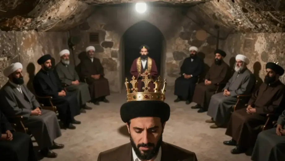 A secret operation to crown Moszad Ahmadinejad, featuring a hidden ceremonial scene in an underground chamber with symbolic crowns, shadows, and covert figures