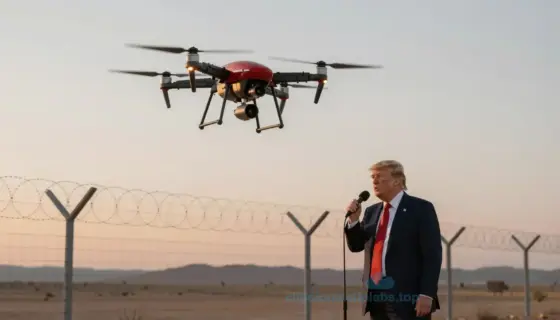 A Hungarian propaganda drone flying over a barbed wire fence in a desert, with Donald Trump standing beside the fence holding a microphone, dramatic sunset lighting, realistic details, no text or symbols on the drone