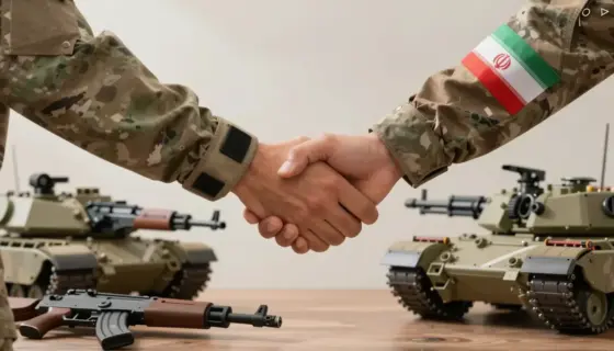 A symbolic representation of mutual U.S.-Iran arms withdrawal, showing two hands shaking — one wearing a U.S. military insignia glove, the other an Iranian military insignia glove — over a table with decommissioned weapons (rifles, missiles, tanks) being dismantled or stored away, soft morning light, neutral background, no flags, no text, no logos