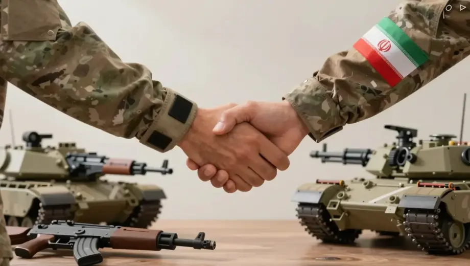 A symbolic representation of mutual U.S.-Iran arms withdrawal, showing two hands shaking — one wearing a U.S. military insignia glove, the other an Iranian military insignia glove — over a table with decommissioned weapons (rifles, missiles, tanks) being dismantled or stored away, soft morning light, neutral background, no flags, no text, no logos