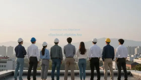 A group of workers from a local office standing on a rooftop at sunrise, looking out over a city skyline, with a subtle hint of a distant mountain range in the background, conveying a sense of upward aspiration and collective effort