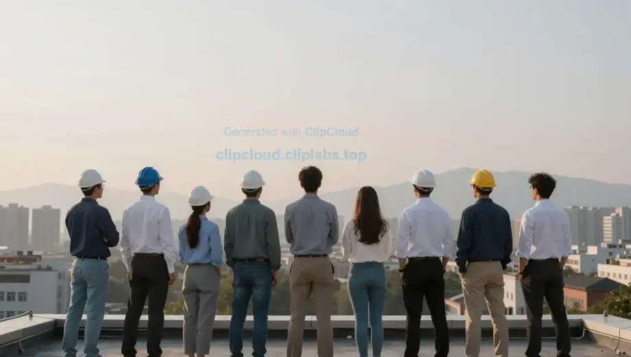A group of workers from a local office standing on a rooftop at sunrise, looking out over a city skyline, with a subtle hint of a distant mountain range in the background, conveying a sense of upward aspiration and collective effort