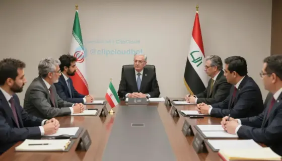 A formal diplomatic meeting scene featuring representatives from Tehran and Syria in a modern conference room, discussing regional security matters. The setting includes flags of Iran and Syria on the table, documents, and a serious yet professional atmosphere. The composition is balanced with clear focus on the interaction between the delegates.