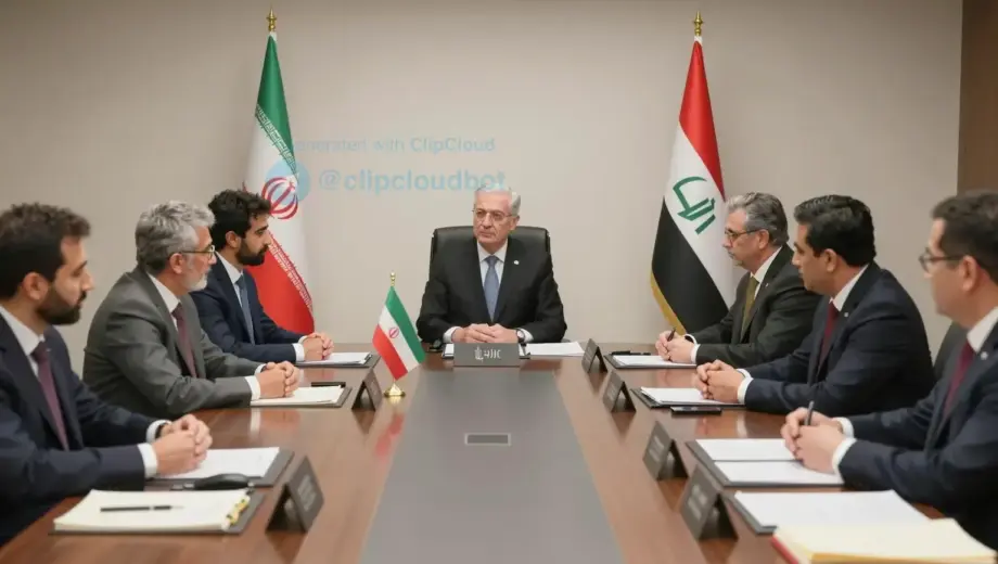 A formal diplomatic meeting scene featuring representatives from Tehran and Syria in a modern conference room, discussing regional security matters. The setting includes flags of Iran and Syria on the table, documents, and a serious yet professional atmosphere. The composition is balanced with clear focus on the interaction between the delegates.