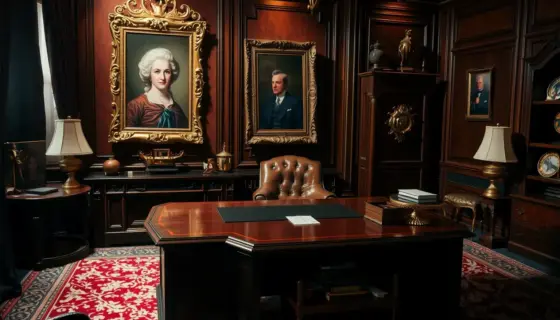 A dramatic cinematic scene depicting a luxurious but mysterious office with a large mahogany desk, an antique gold-framed portrait of a distinguished female senator on the wall, and a complex mechanical trap or a subtle golden snare hidden among expensive artifacts, moody lighting, deep shadows, high contrast, rich textures of velvet and polished wood