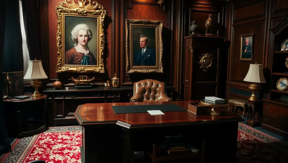 A dramatic cinematic scene depicting a luxurious but mysterious office with a large mahogany desk, an antique gold-framed portrait of a distinguished female senator on the wall, and a complex mechanical trap or a subtle golden snare hidden among expensive artifacts, moody lighting, deep shadows, high contrast, rich textures of velvet and polished wood