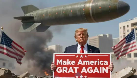 A dramatic political illustration showing Donald Trump holding a large red 'Make America Great Again' campaign sign, standing in front of a backdrop of war-torn Beirut with rubble and smoke, while a large, ominous Iranian missile hovers menacingly above the city, casting a shadow over the scene, with a tense atmosphere and flags of the United States and Iran partially visible in the background