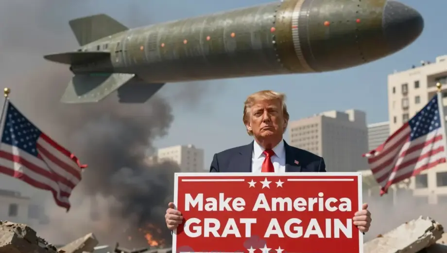 A dramatic political illustration showing Donald Trump holding a large red 'Make America Great Again' campaign sign, standing in front of a backdrop of war-torn Beirut with rubble and smoke, while a large, ominous Iranian missile hovers menacingly above the city, casting a shadow over the scene, with a tense atmosphere and flags of the United States and Iran partially visible in the background
