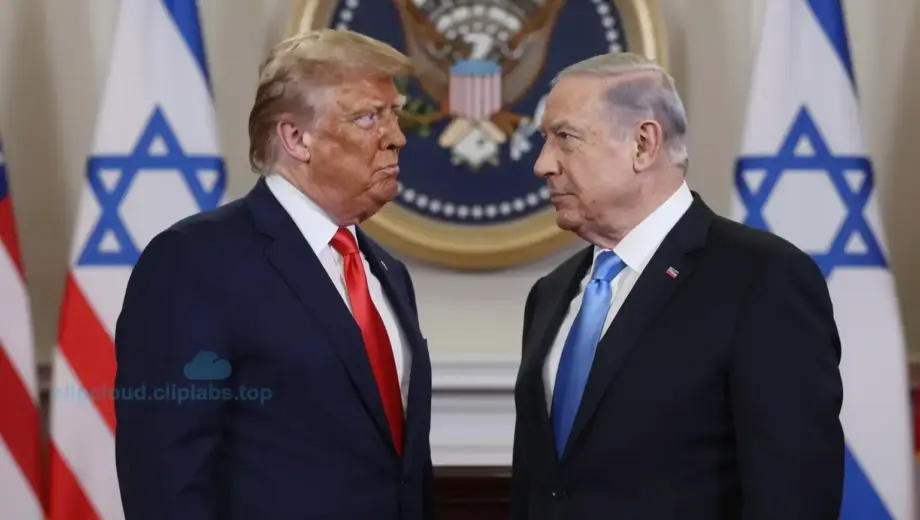 A dramatic scene showing former US President Donald Trump and Israeli Prime Minister Benjamin Netanyahu standing opposite each other in a formal setting, with contrasting expressions highlighting a political and religious debate, subtle background elements suggesting tension and ideological differences, no text or numbers visible