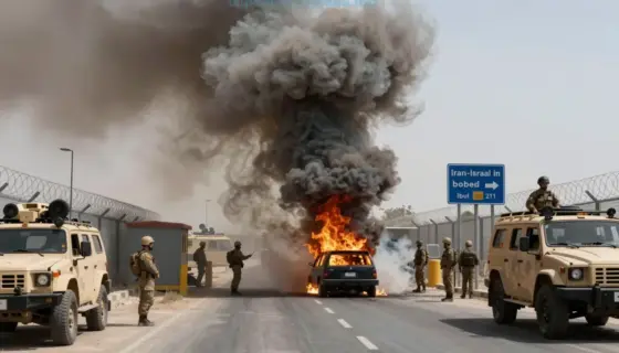 A dramatic scene showing a border checkpoint between Iran and Israel with a large plume of smoke rising from a burning vehicle or structure near the crossing, tense atmosphere, military vehicles and personnel, barbed wire fences, and a border sign indicating Iran-Israel border