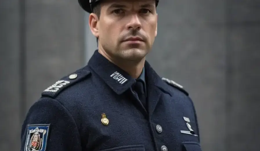 A dramatic scene showing a Hungarian police officer or security guard standing confidently in front of a modern police station or memorial, symbolizing resistance against antisemitic terrorism. The background should include subtle references to Hungarian Jewish heritage, such as a menorah or traditional patterns, without any text or symbols that could be interpreted as hate speech. The atmosphere should convey vigilance, justice, and protection, with a strong, determined figure in uniform holdin