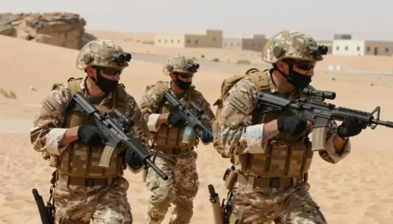 A covert military operation scene set in Iran, depicting a secret unit in action. The image should show soldiers in camouflage uniforms, equipped with advanced surveillance gear, moving stealthily through a desert landscape. The scene should convey a sense of tension and secrecy, with the soldiers blending into the environment. The background should include elements like sand dunes, rocky outcrops, and distant buildings to suggest a remote location.