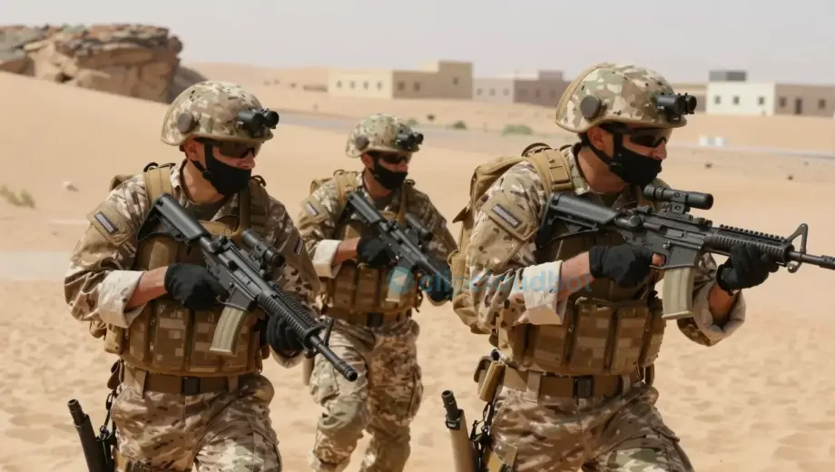 A covert military operation scene set in Iran, depicting a secret unit in action. The image should show soldiers in camouflage uniforms, equipped with advanced surveillance gear, moving stealthily through a desert landscape. The scene should convey a sense of tension and secrecy, with the soldiers blending into the environment. The background should include elements like sand dunes, rocky outcrops, and distant buildings to suggest a remote location.