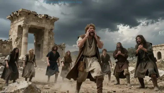 A dramatic, cinematic scene depicting the apocalyptic tension in Juda and Szamár, showing a desolate landscape with crumbling ancient structures under a stormy, ominous sky, with figures in historical or biblical attire conveying distress and urgency, emphasizing the rising tension and impending doom