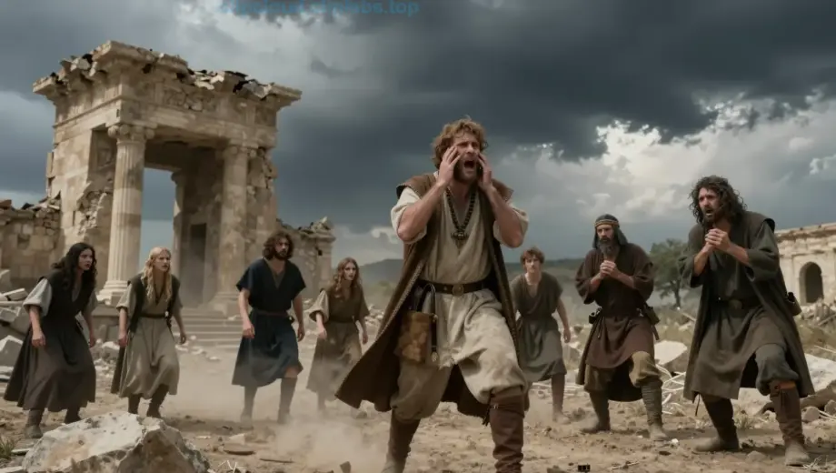 A dramatic, cinematic scene depicting the apocalyptic tension in Juda and Szamár, showing a desolate landscape with crumbling ancient structures under a stormy, ominous sky, with figures in historical or biblical attire conveying distress and urgency, emphasizing the rising tension and impending doom