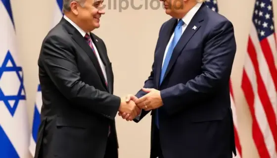 A formal handshake between a man resembling Benjamin Netanyahu and a man resembling Donald Trump, both wearing suits, standing in front of a neutral background with subtle flags of Israel and the United States, no text or letters visible