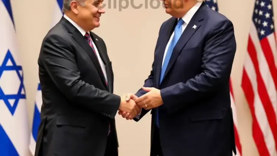 A formal handshake between a man resembling Benjamin Netanyahu and a man resembling Donald Trump, both wearing suits, standing in front of a neutral background with subtle flags of Israel and the United States, no text or letters visible
