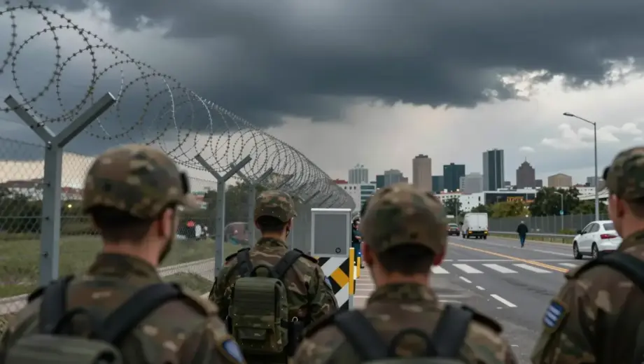A dramatic scene showing a close-up of a border checkpoint with soldiers, barbed wire, and a distant city skyline under stormy skies, conveying tension and global antisemitism