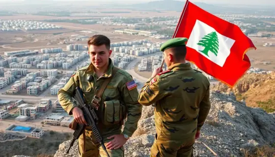 A Hungarian soldier in a modern camouflage uniform stands on a rocky ridge overlooking a war-torn city in Lebanon, with a determined expression and a rifle slung over his shoulder, while a young officer in a traditional Hungarian military coat raises a flag bearing the Hungarian coat of arms on a nearby hilltop, symbolizing leadership and solidarity