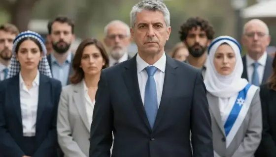 A determined government official stands firmly, symbolizing protection, with a diverse group of people representing the Jewish community standing behind them in solidarity. The scene conveys strength, security, and unity. Focus on conveying a sense of resolve and support.