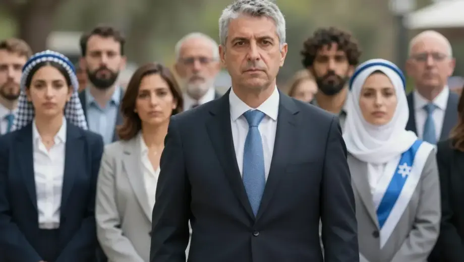 A determined government official stands firmly, symbolizing protection, with a diverse group of people representing the Jewish community standing behind them in solidarity. The scene conveys strength, security, and unity. Focus on conveying a sense of resolve and support.