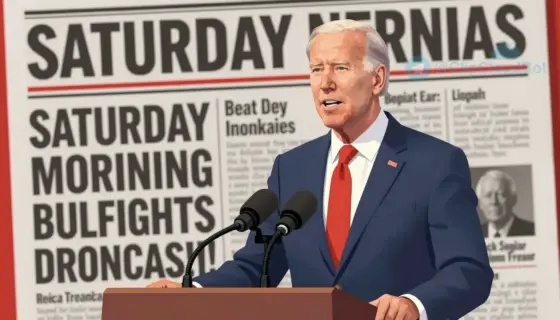 A dramatic news-style illustration of a political figure standing at a podium delivering an ultimatum, with a background of a newspaper headline about a Saturday morning event, featuring bold colors and clear text elements