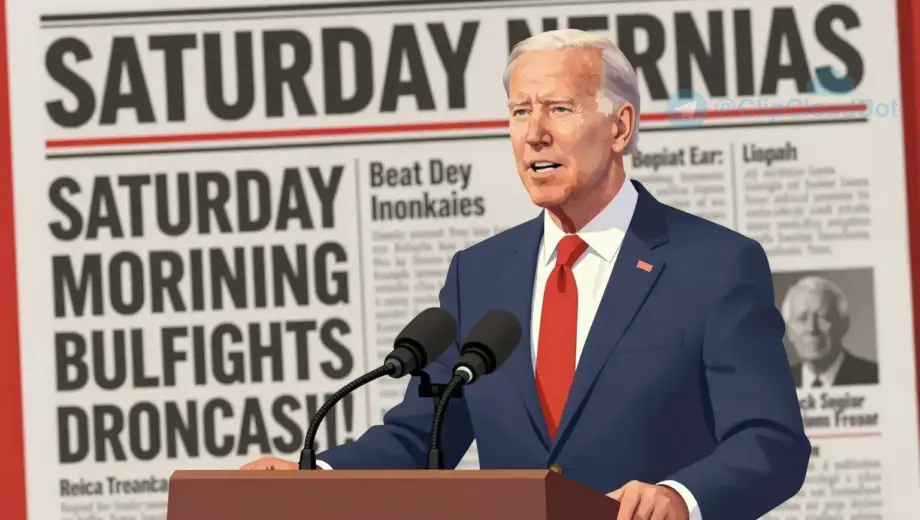 A dramatic news-style illustration of a political figure standing at a podium delivering an ultimatum, with a background of a newspaper headline about a Saturday morning event, featuring bold colors and clear text elements