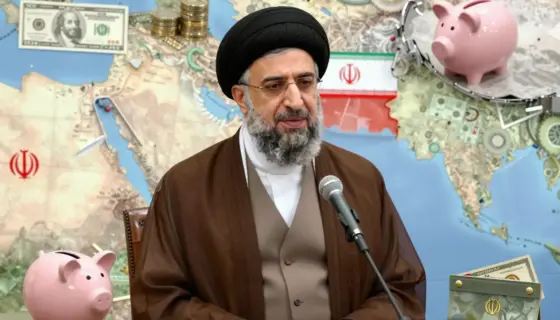 A symbolic representation of Iran's Supreme Leader Ayatollah Ali Khamenei standing in front of a large, partially transparent map of the Middle East, with Kuwait highlighted in red, surrounded by financial icons like broken piggy banks and empty wallets, conveying themes of political pressure, regional ambitions, and economic strain