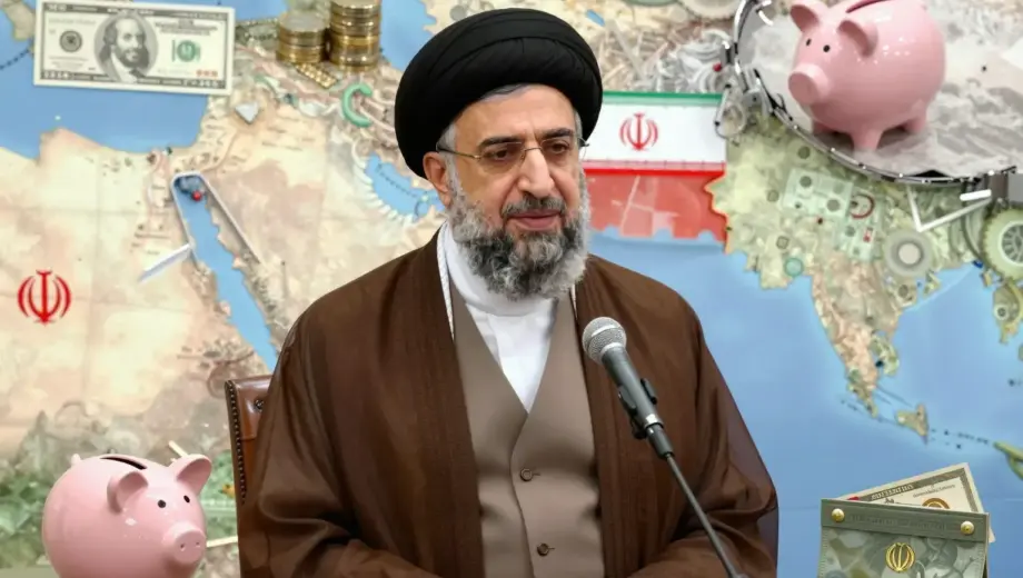 A symbolic representation of Iran's Supreme Leader Ayatollah Ali Khamenei standing in front of a large, partially transparent map of the Middle East, with Kuwait highlighted in red, surrounded by financial icons like broken piggy banks and empty wallets, conveying themes of political pressure, regional ambitions, and economic strain