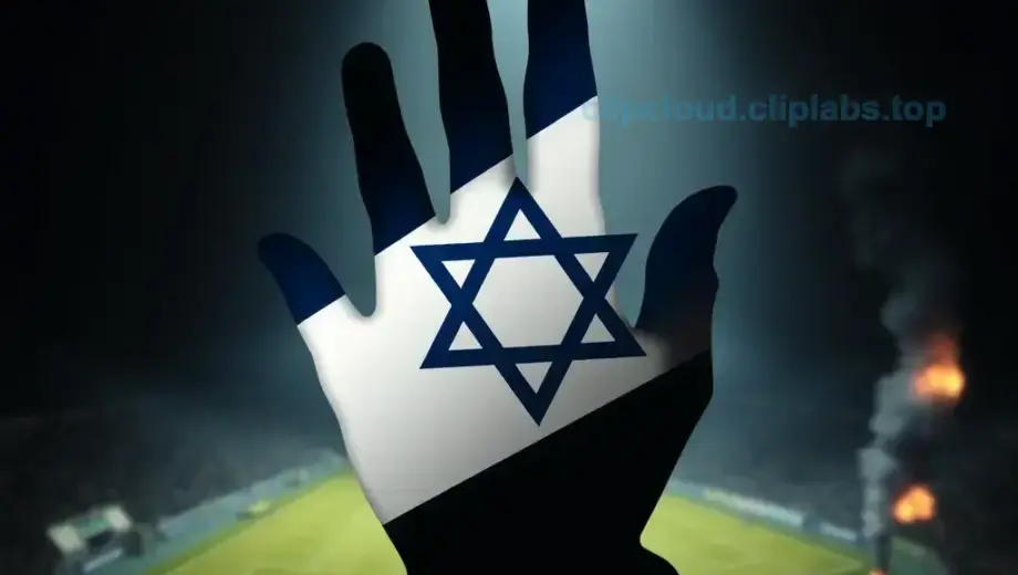 A dimly lit, abstract representation of power and conflict. A stylized silhouette of a hand (representing the mafia) subtly overlaid with the Israeli flag's color palette (white and blue). In the background, blurred imagery suggesting a soccer stadium and distant, indistinct shapes hinting at explosions or smoke (representing Gaza and terror). The overall mood should be somber and suggestive, avoiding explicit depictions of violence.