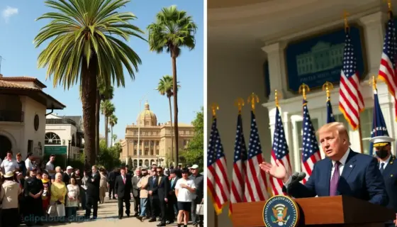 A dramatic split scene showing two contrasting events: on the left, a peaceful Iranian street with people gathering for a non-official firebreak (tűzszünet) during a heatwave, with traditional architecture, palm trees, and clear blue sky; on the right, Donald Trump standing at a podium in the White House briefing room, gesturing while speaking about an unrelated war, with American flags and military officials in the background, both scenes under bright daylight with realistic textures and detail