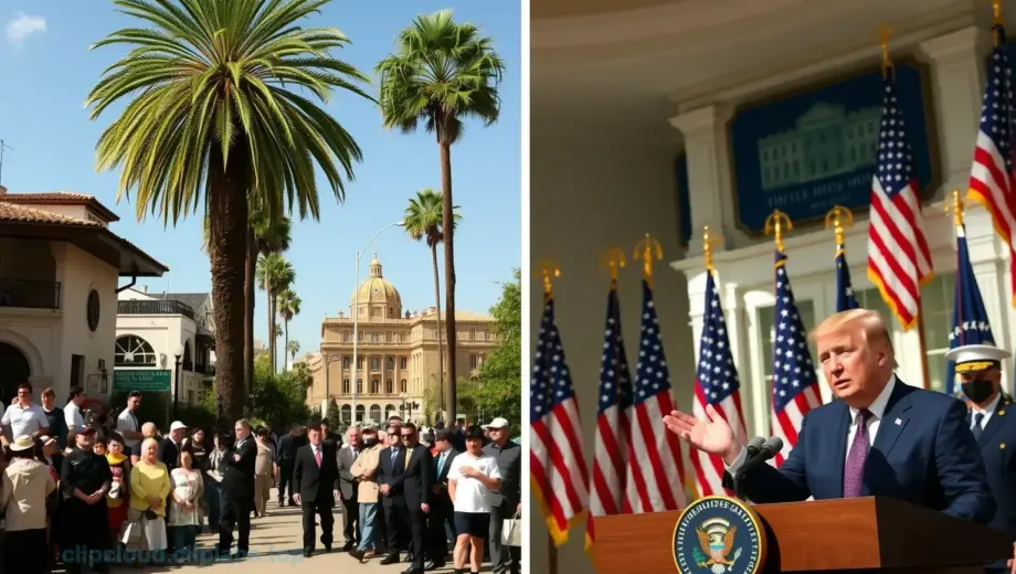 A dramatic split scene showing two contrasting events: on the left, a peaceful Iranian street with people gathering for a non-official firebreak (tűzszünet) during a heatwave, with traditional architecture, palm trees, and clear blue sky; on the right, Donald Trump standing at a podium in the White House briefing room, gesturing while speaking about an unrelated war, with American flags and military officials in the background, both scenes under bright daylight with realistic textures and detail
