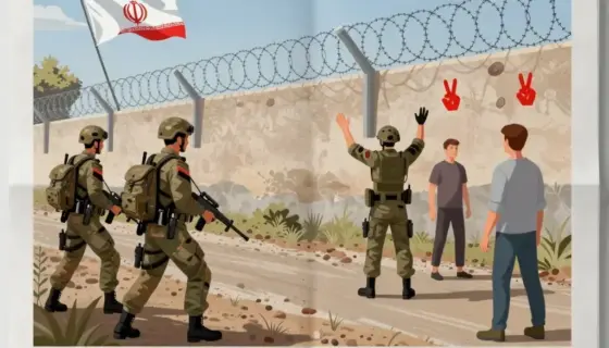 A newspaper front page layout showing 'Sábát reggeli hírek' headline, with a central illustration depicting a dilemma of the Iran war at the border, featuring soldiers, civilians, and symbolic elements like barbed wire and peace signs, in a clear, informative style