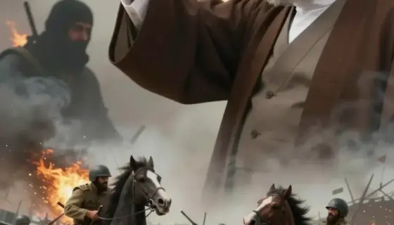 A dramatic scene depicting Iranian Supreme Leader Ali Khamenei with a determined expression, reaching out to grab a nuclear weapon (atomfegyver) from a shadowy figure, while in the foreground, a chaotic battle between Hungarian and Turkish forces unfolds with soldiers clashing, horses rearing, and weapons drawn, set against a backdrop of a war-torn landscape with smoke and fire, rendered in a highly detailed, realistic style with intense lighting and dynamic composition
