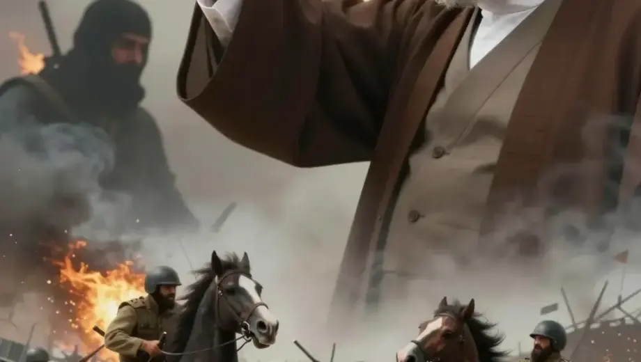A dramatic scene depicting Iranian Supreme Leader Ali Khamenei with a determined expression, reaching out to grab a nuclear weapon (atomfegyver) from a shadowy figure, while in the foreground, a chaotic battle between Hungarian and Turkish forces unfolds with soldiers clashing, horses rearing, and weapons drawn, set against a backdrop of a war-torn landscape with smoke and fire, rendered in a highly detailed, realistic style with intense lighting and dynamic composition