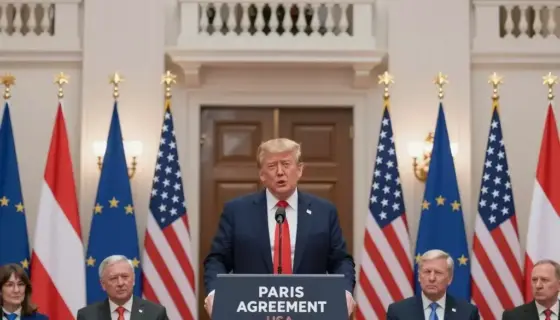 Donald Trump standing at a podium in the Hungarian Parliament building in Budapest, announcing the withdrawal of the US from the Paris Agreement, with Hungarian Prime Minister Viktor Orbán and members of the Békétanács (Council of Europe) seated in the audience, Hungarian and American flags displayed, formal political setting with ornate architecture