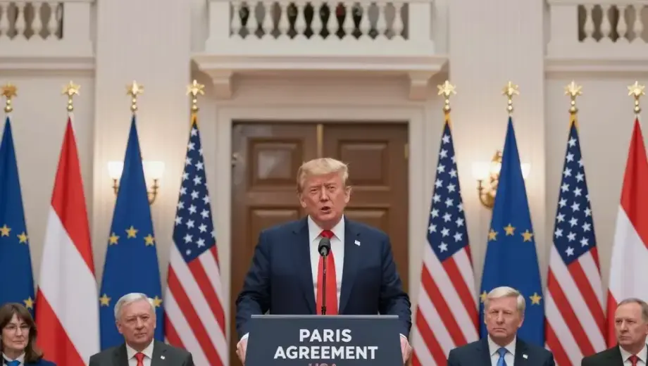 Donald Trump standing at a podium in the Hungarian Parliament building in Budapest, announcing the withdrawal of the US from the Paris Agreement, with Hungarian Prime Minister Viktor Orbán and members of the Békétanács (Council of Europe) seated in the audience, Hungarian and American flags displayed, formal political setting with ornate architecture