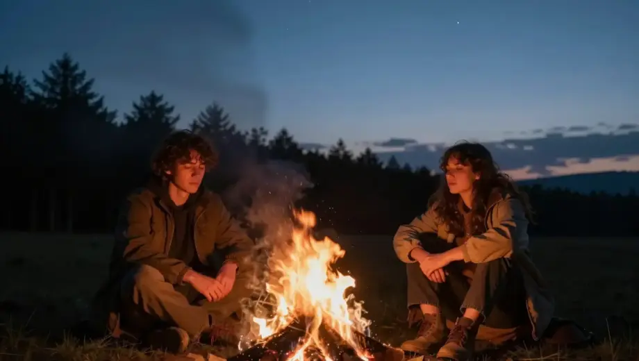 A serene twilight scene showing two exhausted individuals sitting by a dying campfire, their faces illuminated by the warm glow of embers, surrounded by quiet forest silhouettes and faint stars emerging in the deepening sky