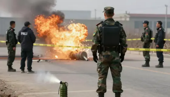 A border guard in a modern uniform standing near a small flash grenade explosion on a border checkpoint, with police tape and investigators examining the scene, realistic lighting and detailed surroundings
