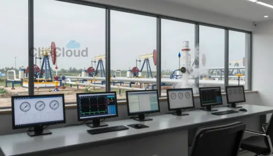 A sleek modern control room with large glass windows overlooking a vast natural gas pipeline network, featuring digital monitoring screens displaying flow rates and pressure gauges, subtle vapor trails rising from the pipes, calm professional atmosphere, high detail