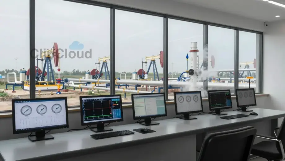 A sleek modern control room with large glass windows overlooking a vast natural gas pipeline network, featuring digital monitoring screens displaying flow rates and pressure gauges, subtle vapor trails rising from the pipes, calm professional atmosphere, high detail