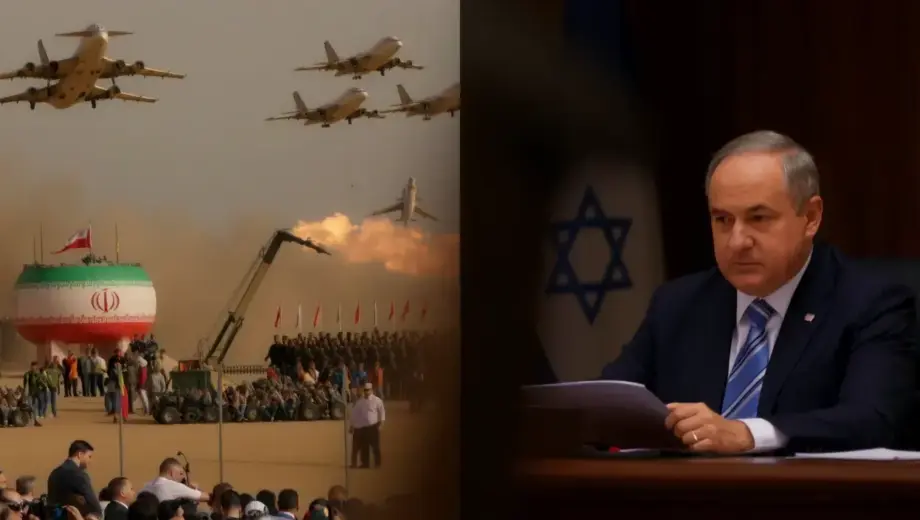 A dramatic scene showing Iran's military parade with advanced missile systems and fighter jets flying overhead, alongside a somber courtroom where Israeli Prime Minister Benjamin Netanyahu is being sentenced, with judges and legal documents visible, all in a realistic photographic style