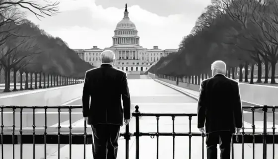 A symbolic political scene showing a double blockade with the name 'Hormuzi' represented by two interlocking barriers or chains, a figure resembling Benjamin Netanyahu walking toward Washington D.C. with the U.S. Capitol in the background, and a distant silhouette of Donald Trump observing from afar, all rendered in a serious, illustrative style suitable for political commentary