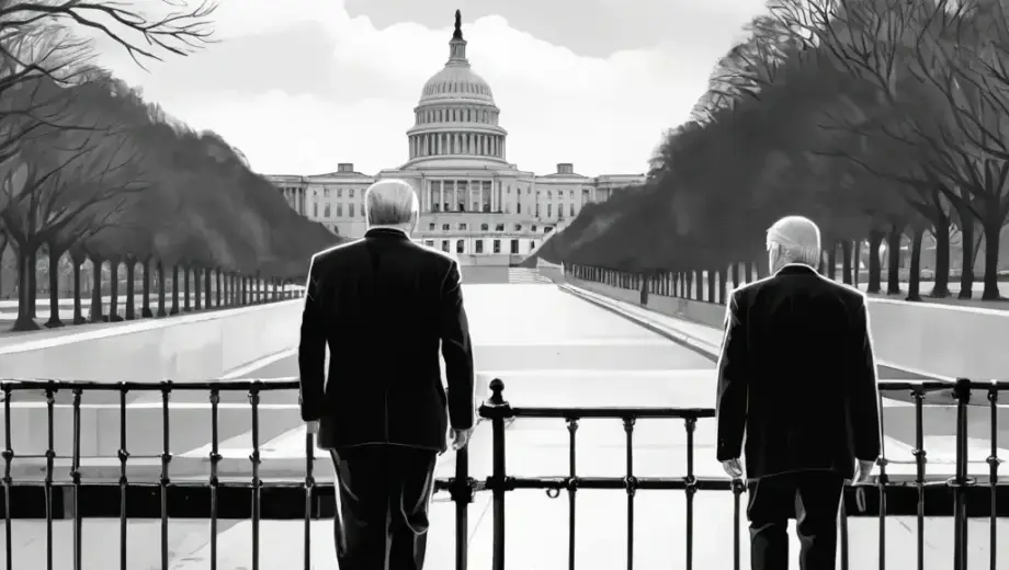 A symbolic political scene showing a double blockade with the name 'Hormuzi' represented by two interlocking barriers or chains, a figure resembling Benjamin Netanyahu walking toward Washington D.C. with the U.S. Capitol in the background, and a distant silhouette of Donald Trump observing from afar, all rendered in a serious, illustrative style suitable for political commentary