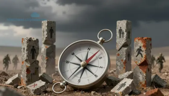 A symbolic representation of strategic failure on multiple fronts: a broken compass surrounded by collapsing pillars labeled with military, economic, political, and social icons, set against a stormy sky with dark clouds and faint silhouettes of retreating armies in the distance, muted earth tones with accents of rust and ash, no text or letters visible